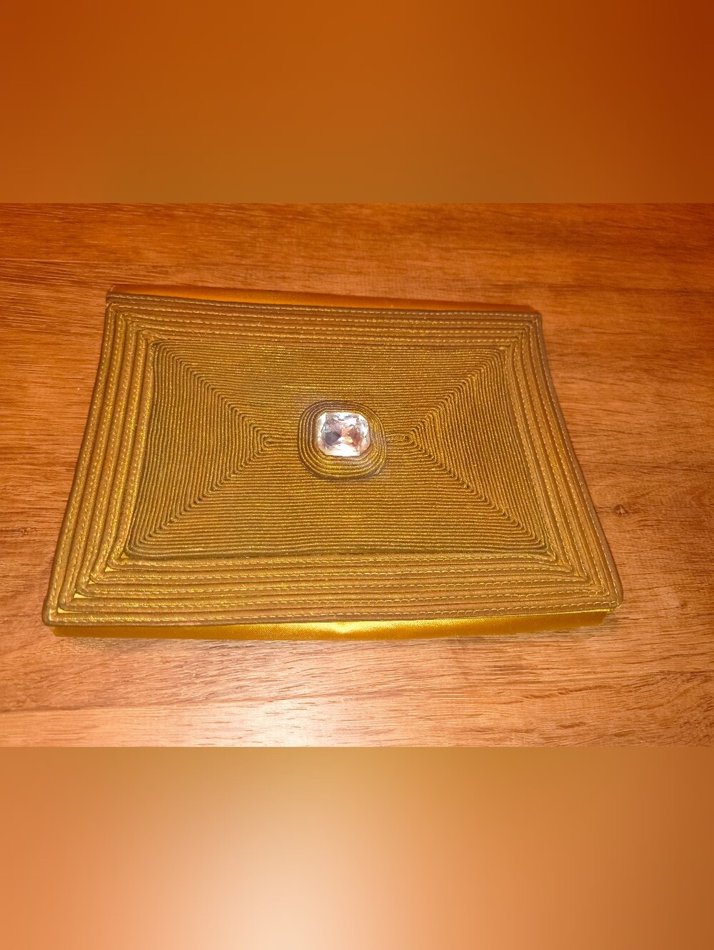 Vintage Swarovski Gold Textured Evening Clutch with Center Crystal